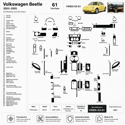 Volkswagen Beetle 2003-2005 3D Armaturenbrett-Dekor-Set, 61 Teile