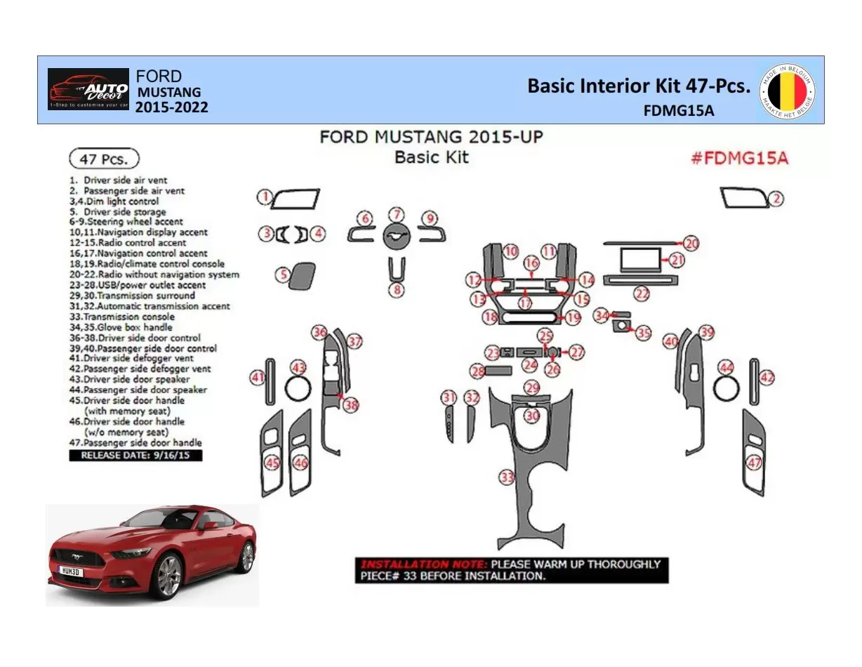 Ford Mustang 2015-2023 Mittelkonsole Armaturendekor WHZ Cockpit Dekor 47 Teilige - 1- Cockpit Dekor Innenraum