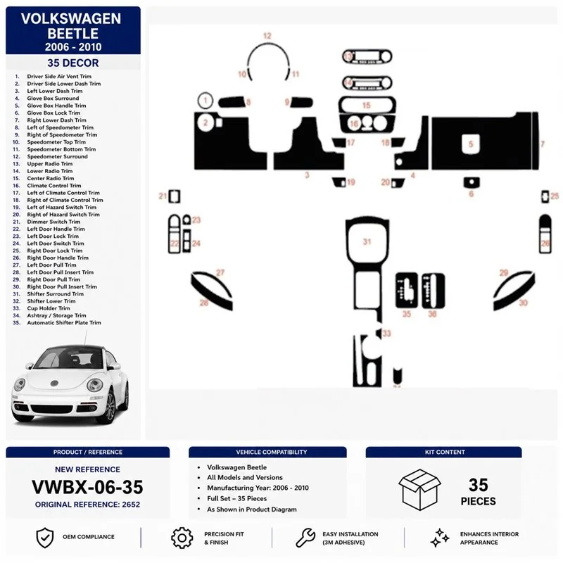 Volkswagen Beetle 2006-2010 3D Armaturenbrett-Dekor-Set, 35 Teile