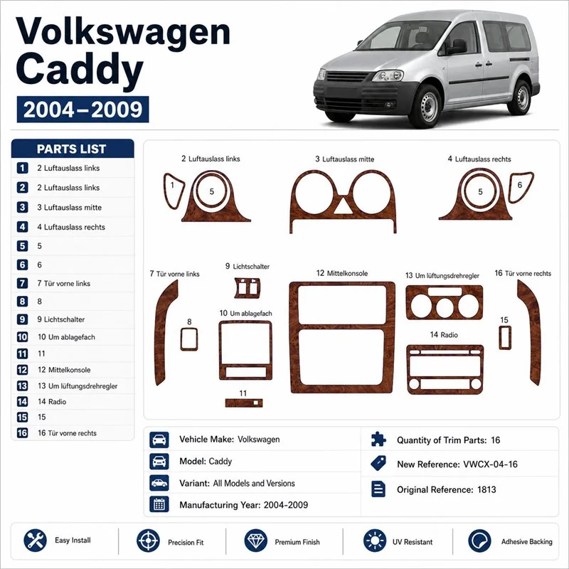 Volkswagen Caddy 2004-2009 3D Armaturenbrett-Dekor-Set, 16 Teile