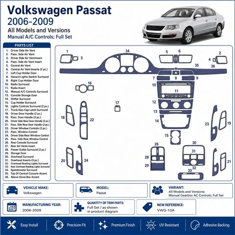 Volkswagen Passat 2006-2009 Schaltgetriebe AC Controls, Komplettset 3D Armaturenbrett-Dekor-Set
