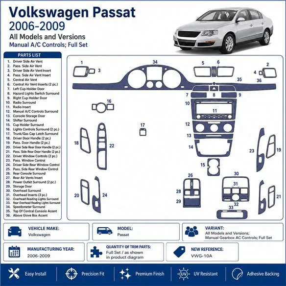 Volkswagen Passat 2006-2009 Schaltgetriebe AC Controls, Komplettset 3D Armaturenbrett-Dekor-Set