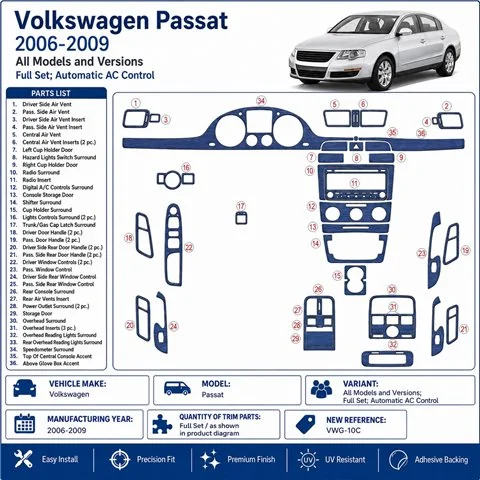 Volkswagen Passat 2006-2009 Komplettset, Automatic AC Control 3D Armaturenbrett-Dekor-Set