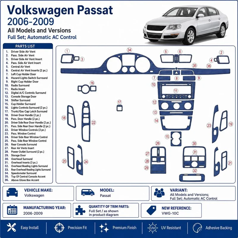 Volkswagen Passat 2006-2009 Komplettset, Automatic AC Control 3D Armaturenbrett-Dekor-Set