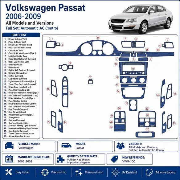 Volkswagen Passat 2006-2009 Komplettset, Automatic AC Control 3D Armaturenbrett-Dekor-Set