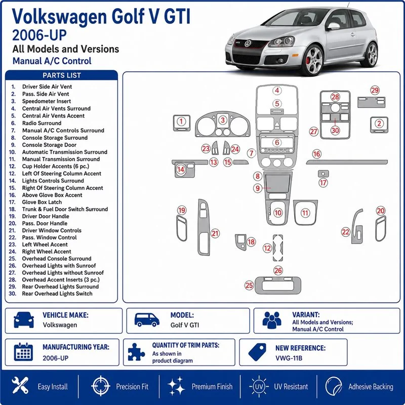 Volkswagen Golf V GTI 2006+ Schaltgetriebe A/C Control 3D Armaturenbrett-Dekor-Set