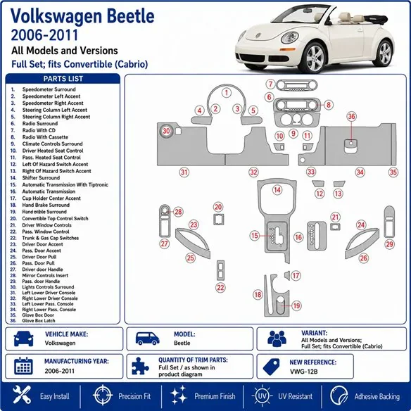 Volkswagen Beetle 2006-2011 Komplettset, fits (Cabrio) 3D Armaturenbrett-Dekor-Set