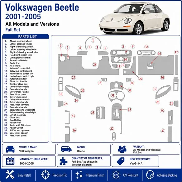 Volkswagen Beetle 2001-2005 Komplettset 3D Armaturenbrett-Dekor-Set