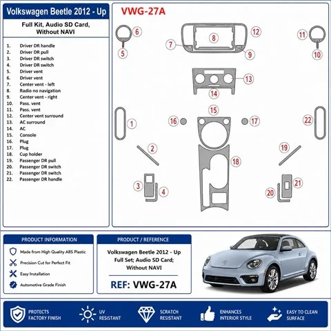 Volkswagen Beetle 2012+ Komplettset, Audio SD Card, ohne Navigation 3D Armaturenbrett-Dekor-Set 2