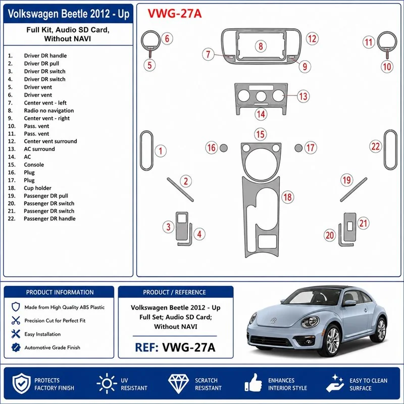 Volkswagen Beetle 2012+ Komplettset, Audio SD Card, ohne Navigation 3D Armaturenbrett-Dekor-Set