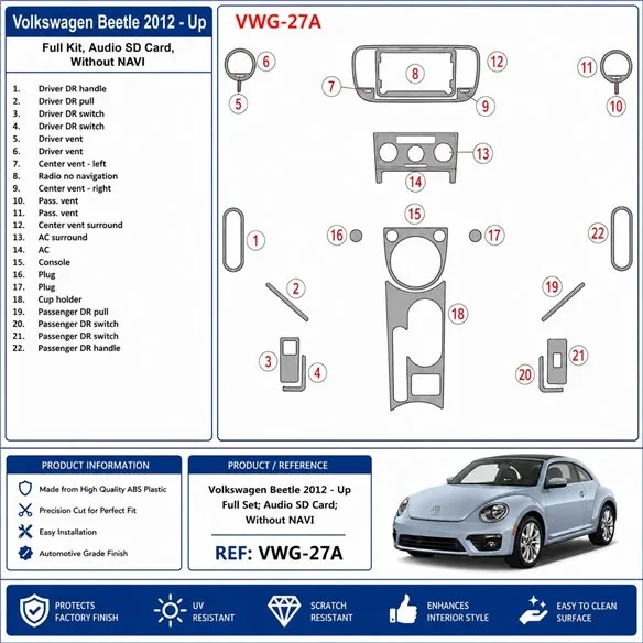 Volkswagen Beetle 2012+ Komplettset, Audio SD Card, ohne Navigation 3D Armaturenbrett-Dekor-Set