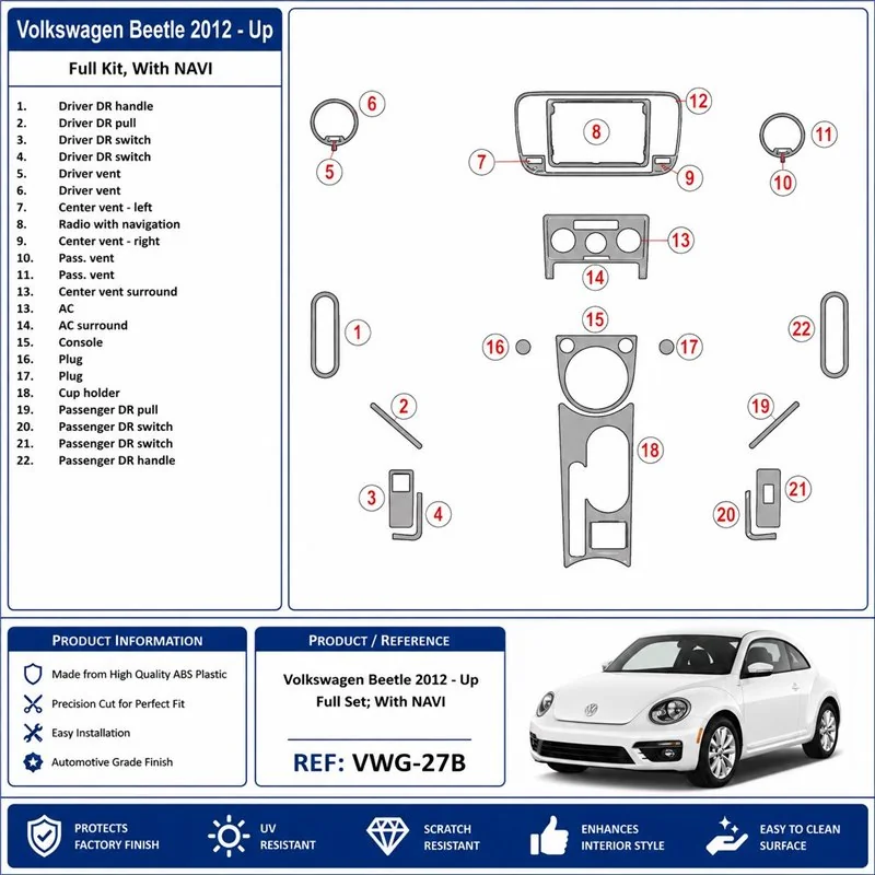 Volkswagen Beetle 2012+ Komplettset, mit Navigation 3D Armaturenbrett-Dekor-Set