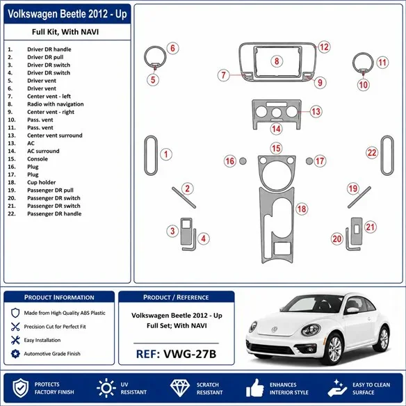 Volkswagen Beetle 2012+ Komplettset, mit Navigation 3D Armaturenbrett-Dekor-Set