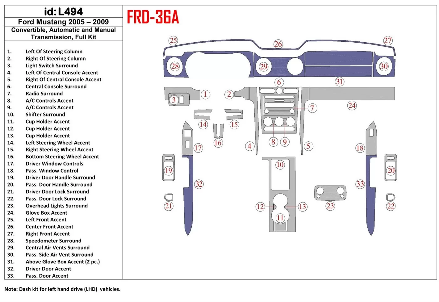 Ford Mustang 2005-2009 Folding roof-Cabrio, Voll Satz BD innenausstattung armaturendekor cockpit dekor