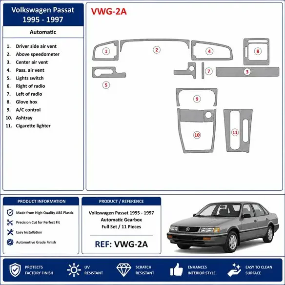 Volkswagen Passat 1995-1997 Automatikgetriebe 3D Armaturenbrett-Dekor-Set, 11 Teile