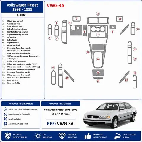 Volkswagen Passat 1998-1999 Komplettset 3D Armaturenbrett-Dekor-Set, 24 Teile
