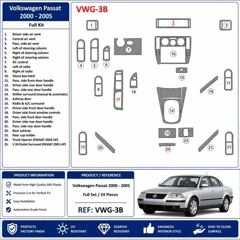 Volkswagen Passat 2000-2005 Komplettset 3D Armaturenbrett-Dekor-Set, 24 Teile