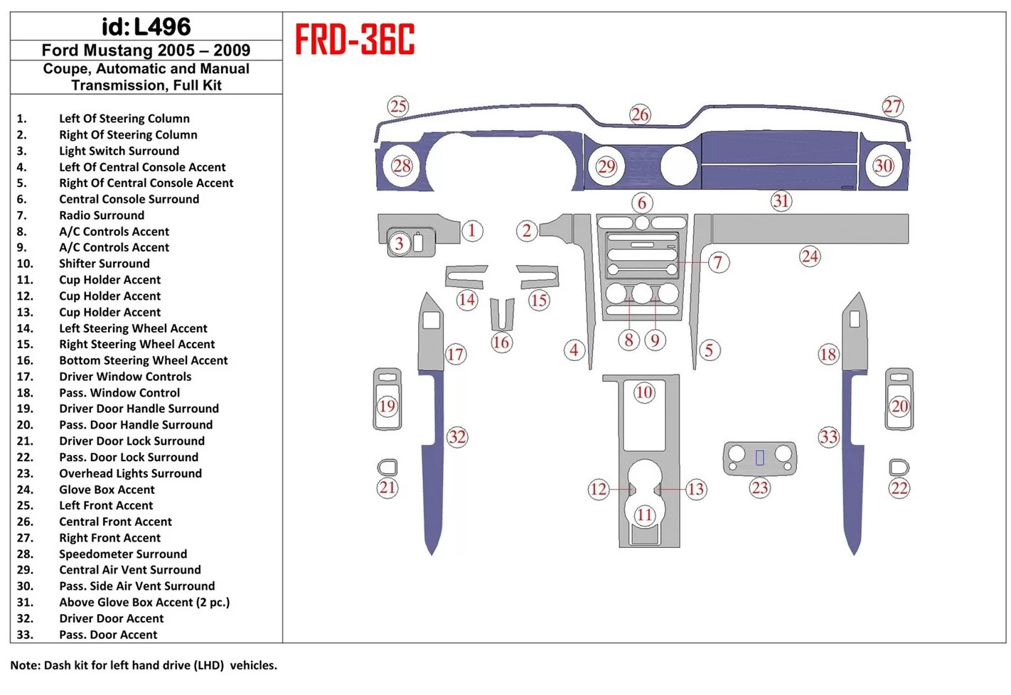 Ford Mustang 2005-2009 Soft roof-Coupe, Voll Satz BD innenausstattung armaturendekor cockpit dekor - 1- Cockpit Dekor Innenraum