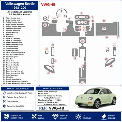 Volkswagen Beetle 1998-2001 Komplettset, mit Armlehne 3D Armaturenbrett-Dekor-Set, 33 Teile
