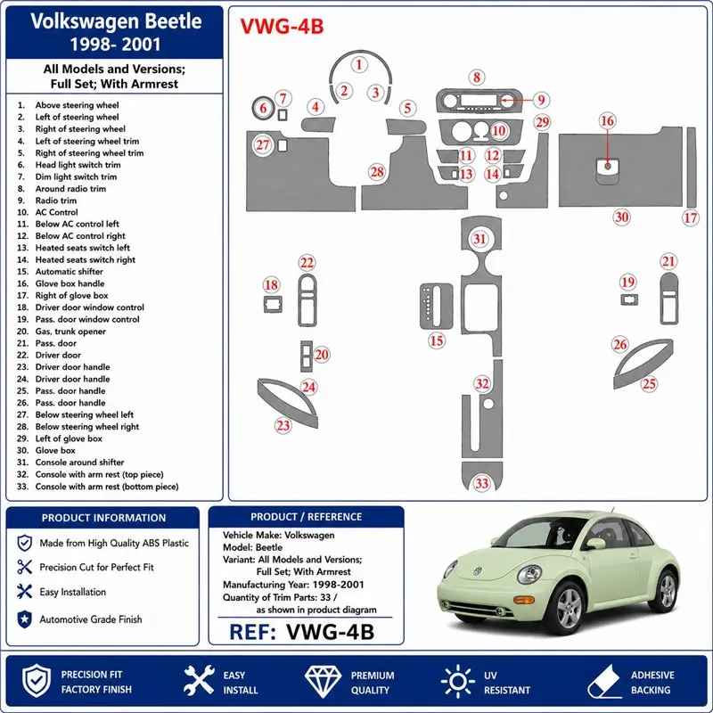 Volkswagen Beetle 1998-2001 Komplettset, mit Armlehne 3D Armaturenbrett-Dekor-Set, 33 Teile