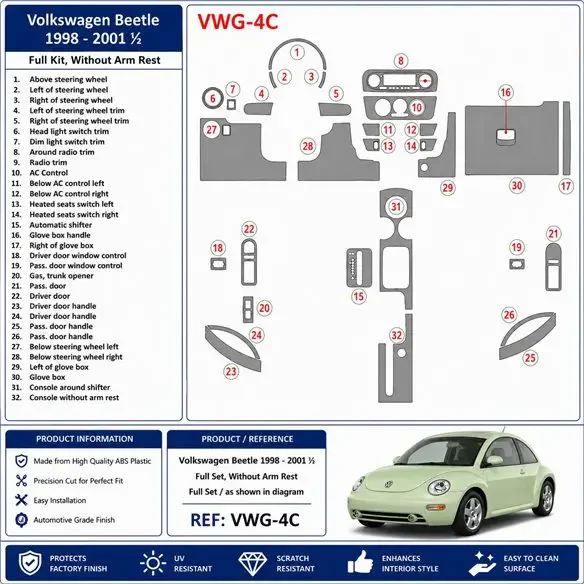 Volkswagen Beetle 1998-2001 Komplettset, Without Armrest 3D Armaturenbrett-Dekor-Set, 32 Teile
