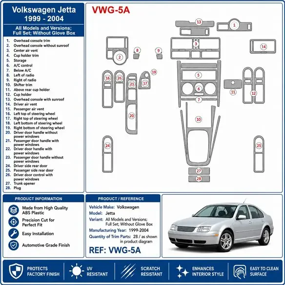 Volkswagen Jetta 1999-2004 Komplettset, Without glove-box 3D Armaturenbrett-Dekor-Set, 28 Teile