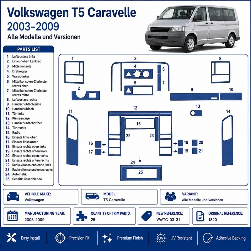 Volkswagen T5 Carevella 2003-2009 3D Armaturenbrett-Dekor-Set, 25 Teile