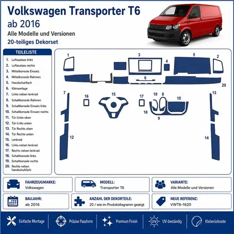 Volkswagen Transporter T6 2016 3D Armaturenbrett-Dekor-Set, 20 Teile 2