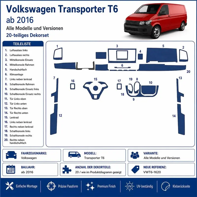 Volkswagen Transporter T6 2016 3D Armaturenbrett-Dekor-Set, 20 Teile