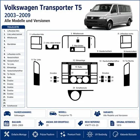 Volkswagen Transporter T5 2003-2009 3D Armaturenbrett-Dekor-Set, 29 Teile 2