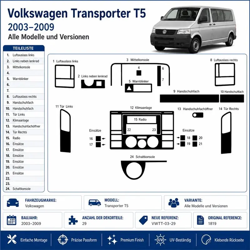Volkswagen Transporter T5 2003-2009 3D Armaturenbrett-Dekor-Set, 29 Teile