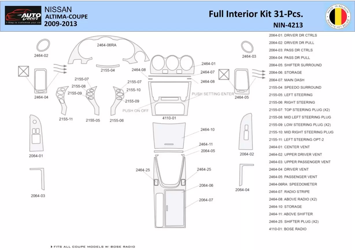 Nissan Altima 2009-2013 Mittelkonsole Armaturendekor WHZ Cockpit Dekor 31 Teilige - 1- Cockpit Dekor Innenraum