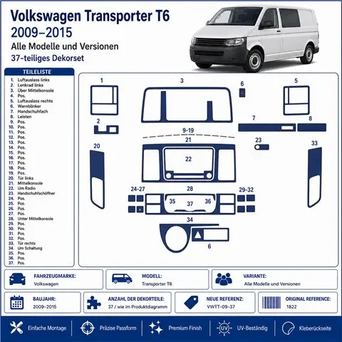 Volkswagen Transporter T6 2009+ 3D Armaturenbrett-Dekor-Set, 37 Teile 2