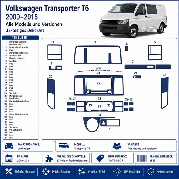 Volkswagen Transporter T6 2009+ 3D Armaturenbrett-Dekor-Set, 37 Teile
