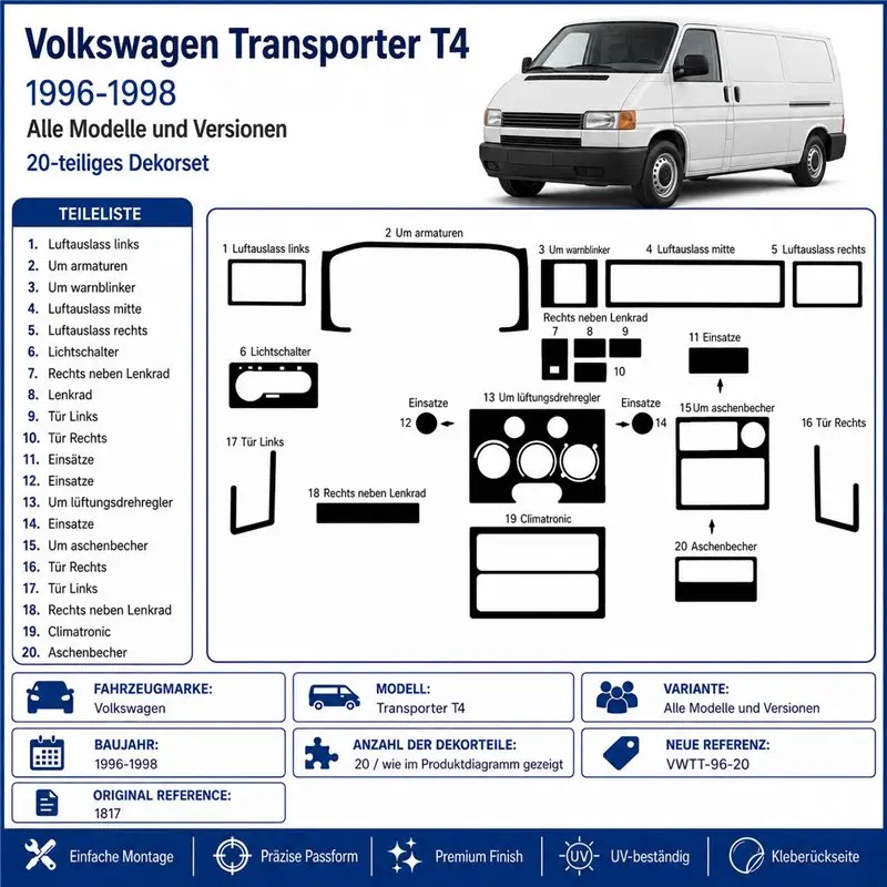 Volkswagen Transporter T4 1996-1998 3D Armaturenbrett-Dekor-Set, 20 Teile