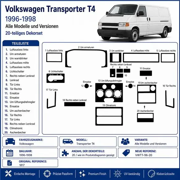 Volkswagen Transporter T4 1996-1998 3D Armaturenbrett-Dekor-Set, 20 Teile