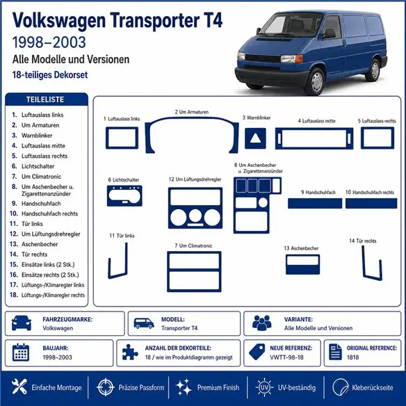 Volkswagen Transporter T4 1998-2003 3D Armaturenbrett-Dekor-Set, 18 Teile