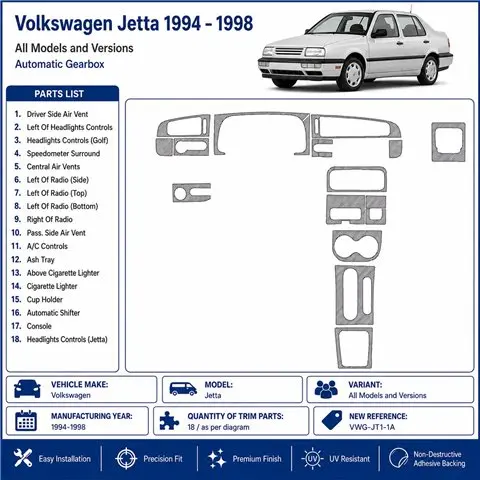 Volkswagen Jetta 1994-1998 Automatikgetriebe 3D Armaturenbrett-Dekor-Set, 18 Teile