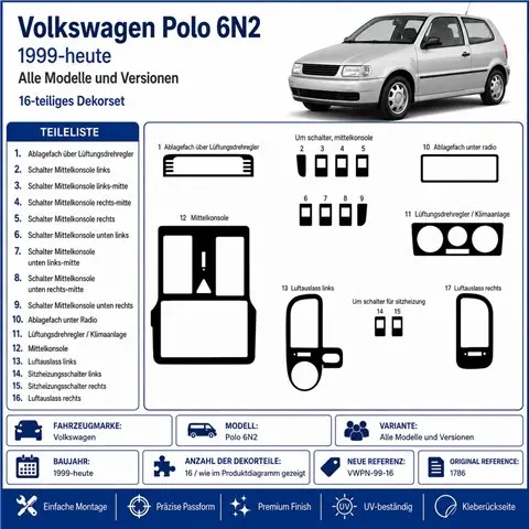 Volkswagen Polo 6N2 1999+-08 01 3D Armaturenbrett-Dekor-Set, 16 Teile 2