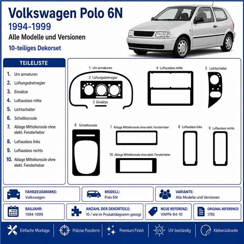 Volkswagen Polo 6N 1994-1999 3D Armaturenbrett-Dekor-Set, 10 Teile 2