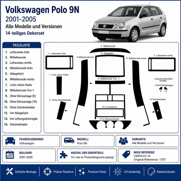 Volkswagen Polo 9N 2001-2005 3D Armaturenbrett-Dekor-Set, 14 Teile