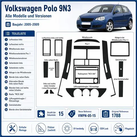 Volkswagen Polo 9N3 2005-2009 3D Armaturenbrett-Dekor-Set, 15 Teile 2