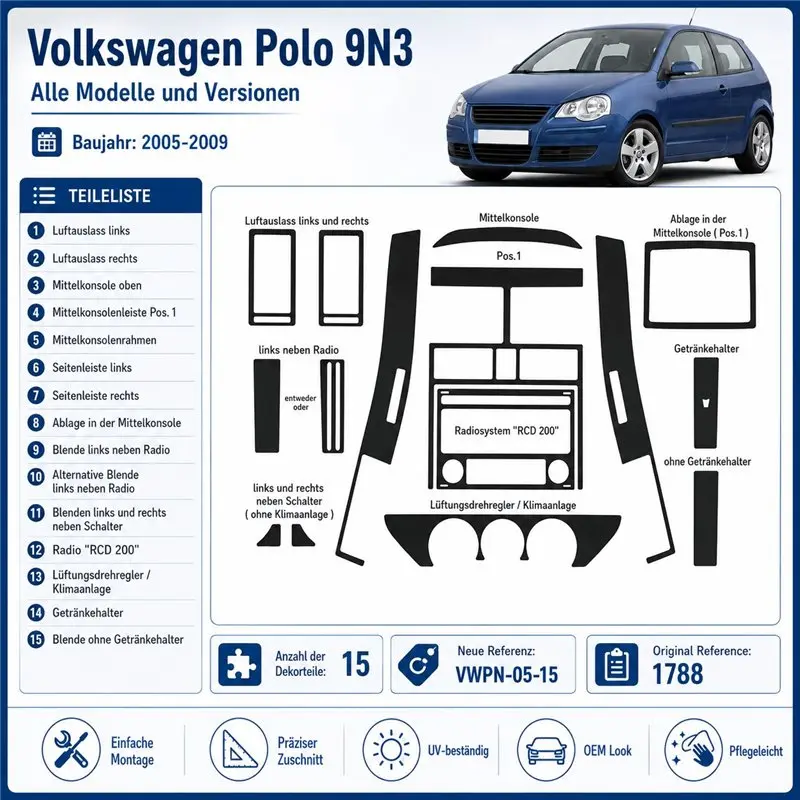 Volkswagen Polo 9N3 2005-2009 3D Armaturenbrett-Dekor-Set, 15 Teile