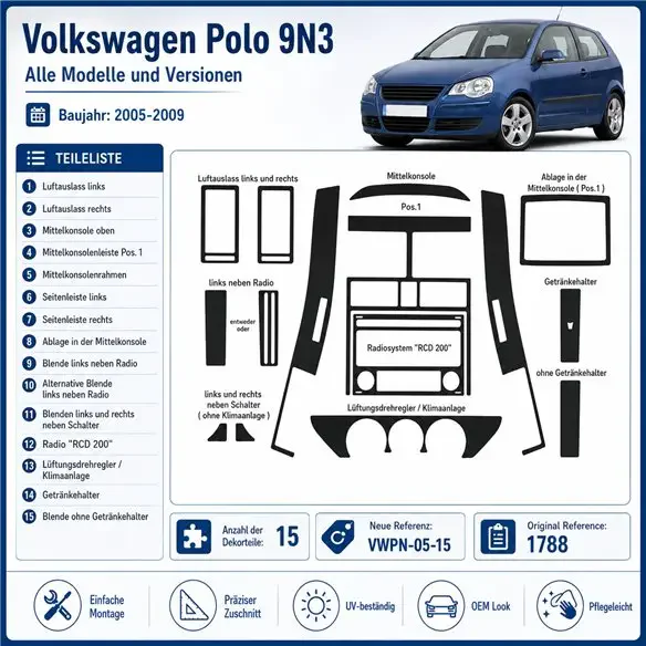 Volkswagen Polo 9N3 2005-2009 3D Armaturenbrett-Dekor-Set, 15 Teile
