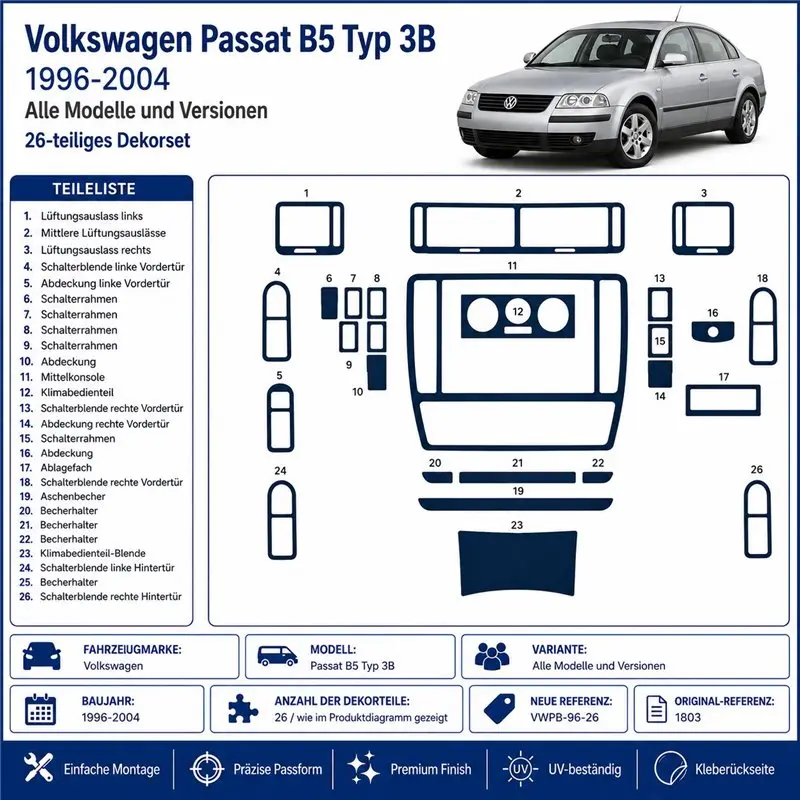 Volkswagen Passat B5 Typ 3B 1996-2004 3D Armaturenbrett-Dekor-Set, 26 Teile