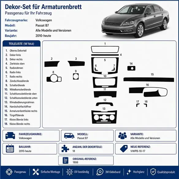 Volkswagen Passat B7 2010+ 3D Armaturenbrett-Dekor-Set, 17 Teile