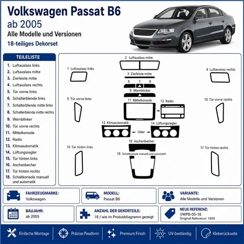 Volkswagen Passat B6 2005+ 2010+ 3D Armaturenbrett-Dekor-Set, 18 Teile 2