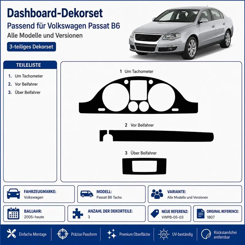 Volkswagen Passat B6 Tacho 2005+ 2010+ 3D Armaturenbrett-Dekor-Set, 3 Teile