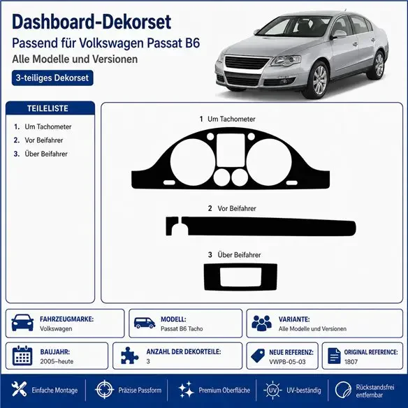 Volkswagen Passat B6 Tacho 2005+ 2010+ 3D Armaturenbrett-Dekor-Set, 3 Teile