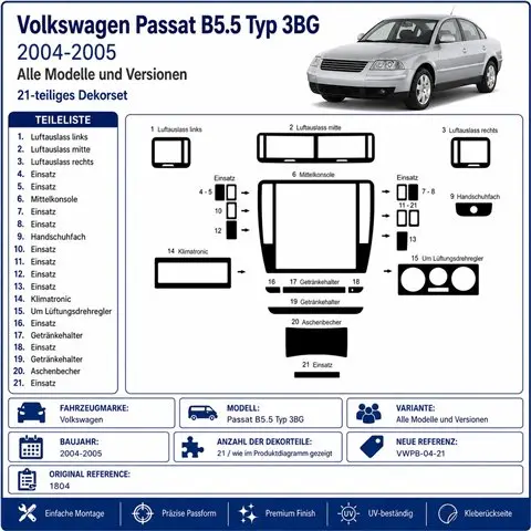 Volkswagen Passat B5.5 Typ 3BG 2004-2005 3D Armaturenbrett-Dekor-Set, 21 Teile 2